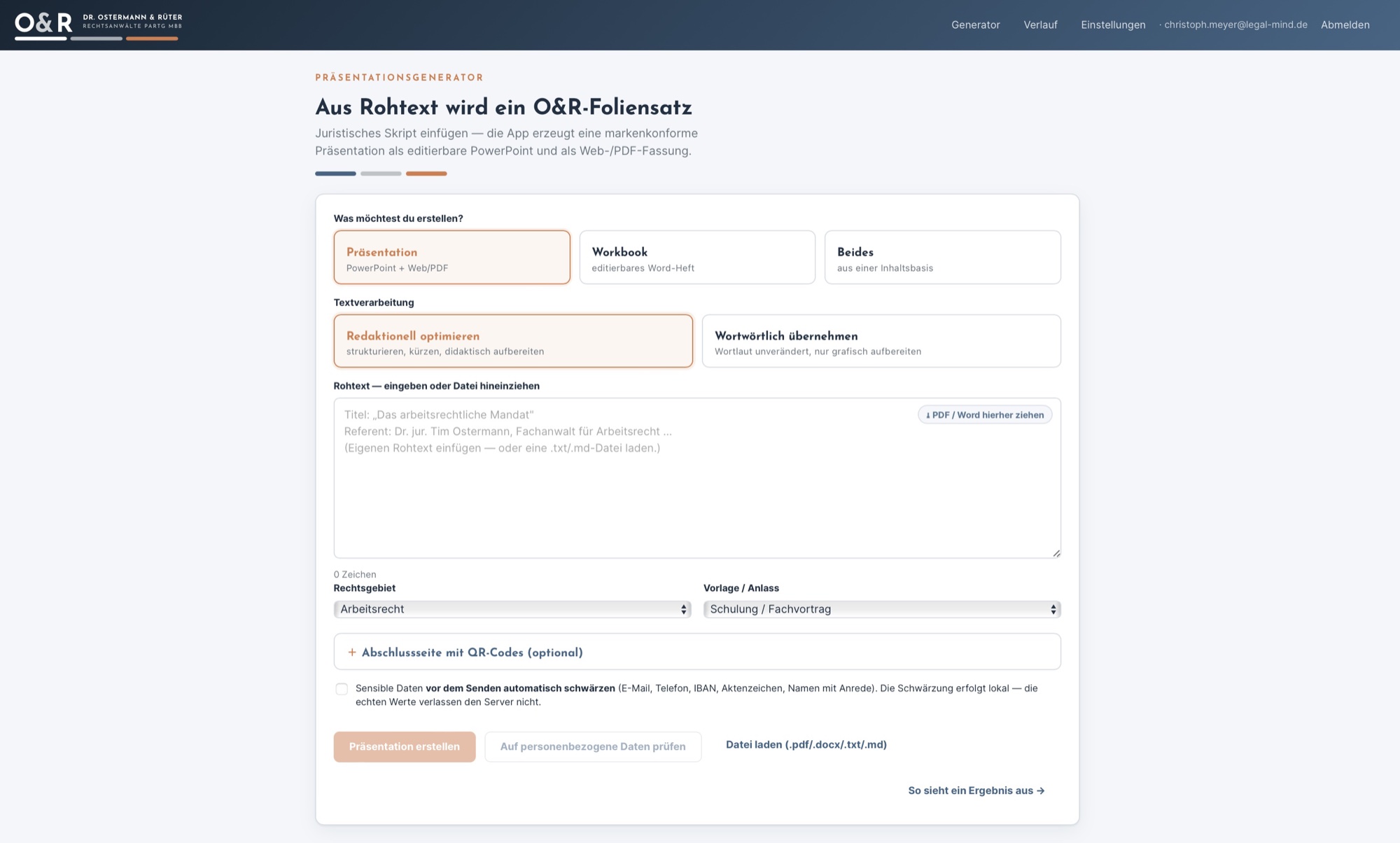 KI-gestützter Präsentationsgenerator im Corporate Design von Dr. Ostermann & Rüter Rechtsanwälte — aus juristischem Rohtext entsteht ein markenkonformer Foliensatz